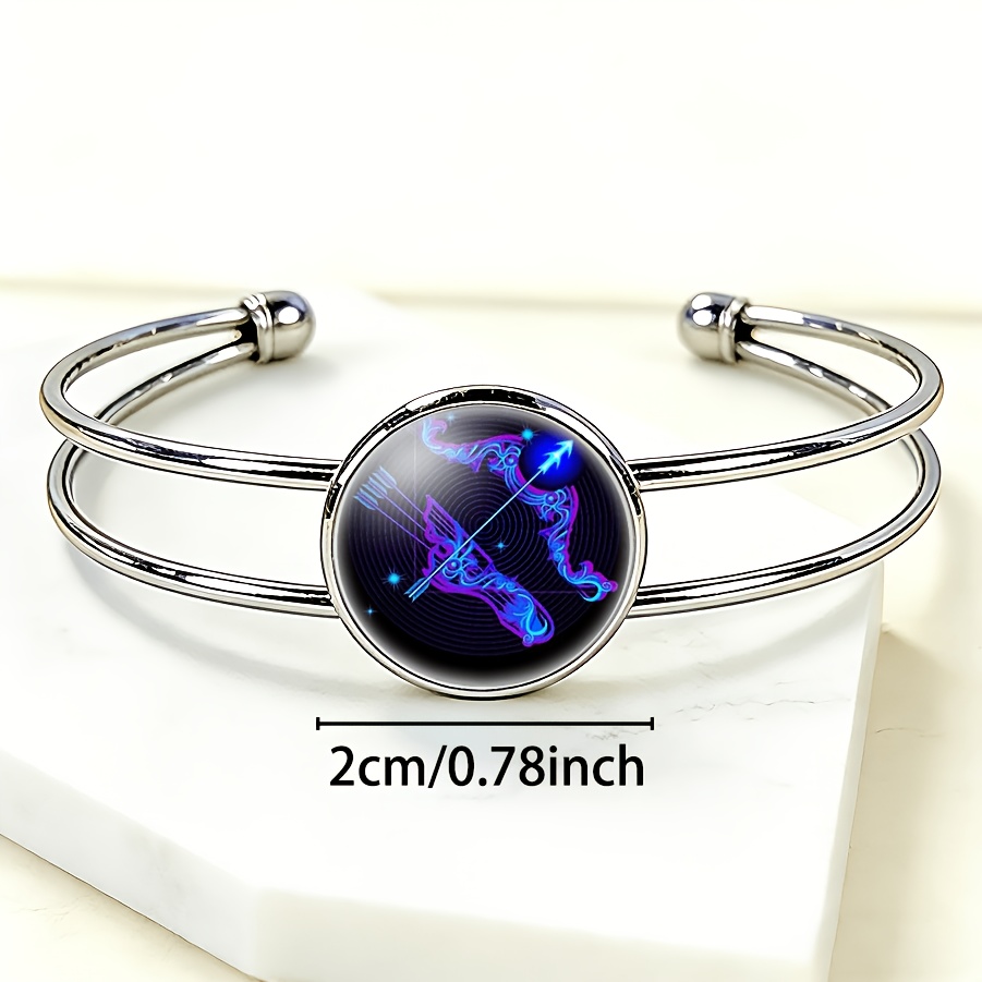 Adjustable Open Bangle with Sagittarius Symbol Gemstone Inlay